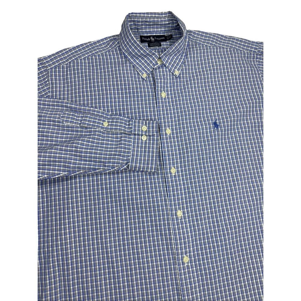 Vintage Ralph Lauren Shirt Men's 16.5 34/35 Blue Plaid Long Sleeve Cotton